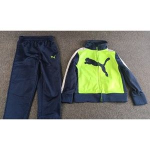 Puma Boys Track Suit 2T Sports Stretch Blue Green Large Logo Full Zip Pockets